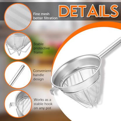 SiliFine 10 Inch Stainless Steel Reinforced Bouillon Sieve Strainer Cone Fine Mesh Strainer with Handle and Rubber Pestle for Kitchen Food Cooking - size: 10 Inch