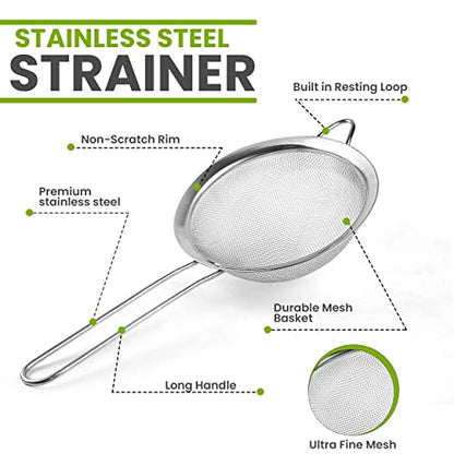 Set of 2 Stainless Steel Mesh Strainers for Kitchen - 5.5 inch Round Fine Mesh Strainer & 3.4 inch Conical Strainer Fine Mesh - Ideal to Sieve Pasta Noodles, Quinoa, Tea, Coffee, Juices, Flour - size: 5.5 inch & 3.4 inch