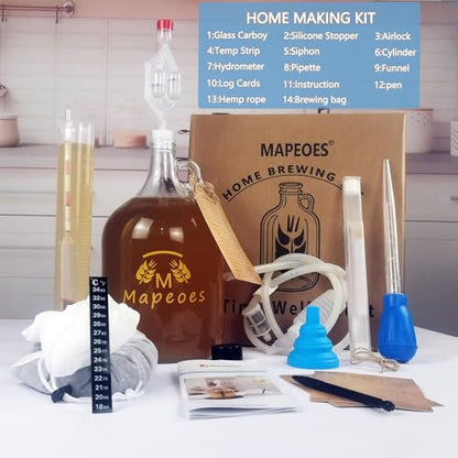 1 Gallon Home Brewing Making Kit for Beer, Wine, Mead & Cider, Glass Carboy Fermenter with Brew Bag, Hydrometer, Bung & Airlock,Siphon, Funnel, Temp Strip,Beginners/Starter Brew Set