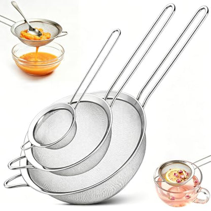 3-Piece Stainless Steel Mesh Strainer Set Small/Med/Large Fine Mesh Kitchen Sifters w/Handles – Silver, for Sifting/Straining/Cooking