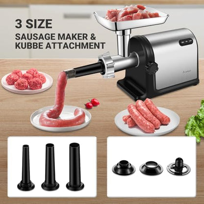 AAOBOSI Heavy Duty Stainless Steel Meat Grinder | 3000W Max | 3 Plates | 3 Sausage Stuffers | Stainless Steel Blade | Kubbe Maker | One-Button Control - color: Silver+Black