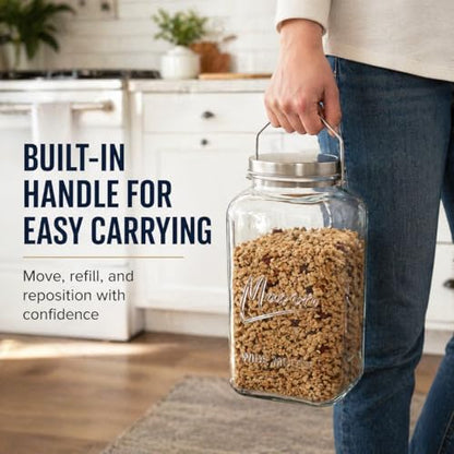 kitchentoolz Large 2 Gallon Glass Mason Jar with Big Airtight Metal Lid and Carry Handle – Wide Mouth Square Container with Measurements for Dry Goods, Bulk Storage, and Food Prep