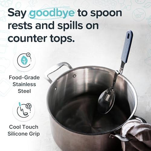 Souper Cubes + Lori Greiner No Mess Stainless Steel Cooking Spoon with Silicone Handle - Stainless Steel Serving Spoon No Mess Design Hooks on Side of Any Pot - Blueberry - color: Blueberry, size: Spoon 1-Pack