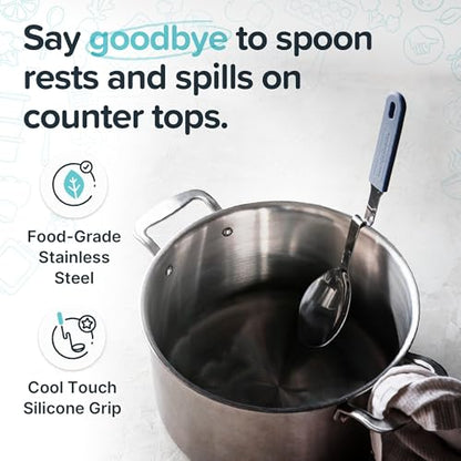Souper Cubes + Lori Greiner No Mess Stainless Steel Cooking Spoon with Silicone Handle - Stainless Steel Serving Spoon No Mess Design Hooks on Side of Any Pot - Blueberry - color: Blueberry, size: Spoon 1-Pack