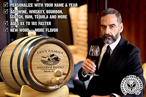 Personalized 1 Liter Oak Aging Barrel with Stand, Bung, and Spigot - Age Wine, Cocktails, Bourbon, Whiskey, Beer and More! Laser Engraved Bistro Design (B314) - size: 1 Liter
