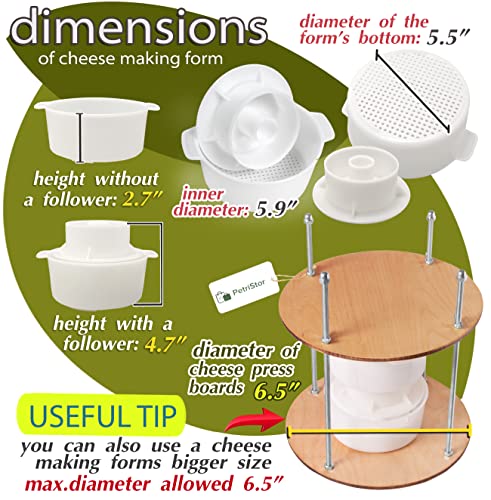 Wooden cheese press diameter 11.2 in and 2 cheese making forms 45 oz Pressure up to 50 Pounds colorless