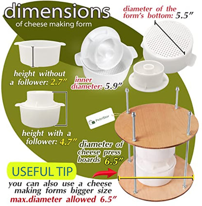 Wooden cheese press diameter 11.2 in and 2 cheese making forms 45 oz Pressure up to 50 Pounds colorless