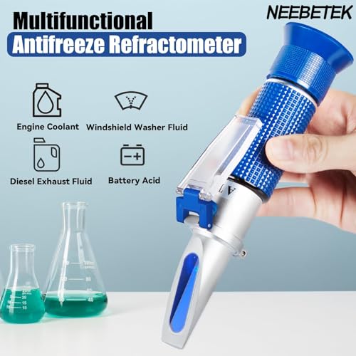 5-in-1 DEF Antifreeze Refractometer Coolant Tester with ATC Hydrometer Kit for Automotive Antifreeze Diesel Exhaust Fluid Ethylene Glycol or Propylene Glycol Based Windshield Washer Fluid Battery Acid