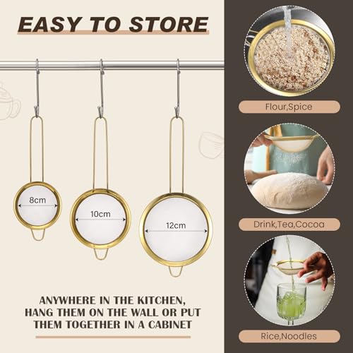 Norme 4 Quart Stainless Steel Gold Colander and 3 Pcs Gold Fine Mesh Strainer, Stainless Steel Pasta Rice Food Metal Strainer with Handles, Easy Clean and Dishwasher Safe - color: Gold, size: 4 Quart