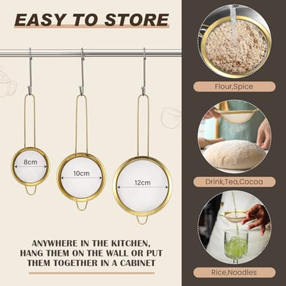 Norme 4 Quart Stainless Steel Gold Colander and 3 Pcs Gold Fine Mesh Strainer, Stainless Steel Pasta Rice Food Metal Strainer with Handles, Easy Clean and Dishwasher Safe - color: Gold, size: 4 Quart