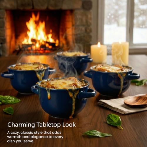 KooK French Onion Soup Bowls, Crocks, Oven Safe Bowls, Soup Mugs, Ceramic Bowls, Dishwasher, Microwave, Set of 4, 18 oz (Blue) - color: Blue