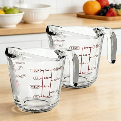 (2 Pack) 1-Cup Glass Measuring Cup, 8 Oz Tempered Glass with Easy-Grip Handle & Drip-Free Spout, Etched Imperial Metric Markings, Oven Microwave Dishwasher Safe
