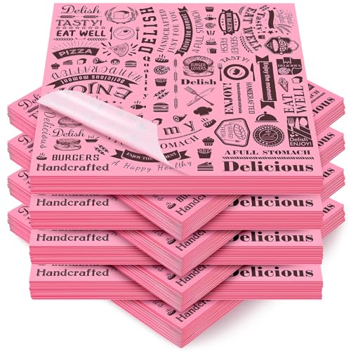 Outus 600 Pcs 12 x 12 Inch Deli Wax Paper Sheets Grease Resistant Tray Basket Liners Newsprint Paper Water and Grease Proof Sandwich Wrapping Square Hot Dog Wrappers for Food Baking (Pink,Black) - color: Pink, Black