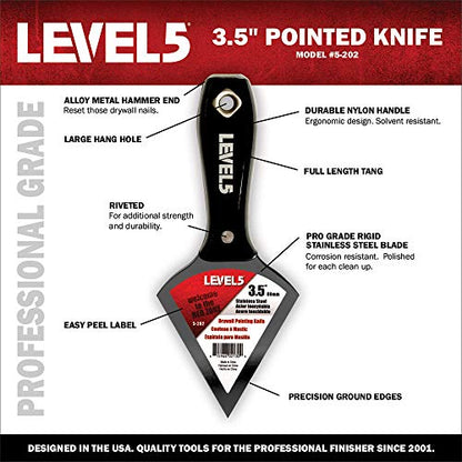 3.5" Pointed Stainless Steel Joint Knife - LEVEL5 | Metal Hammer End | Pro-Grade Finishing Tools | Drywall Wallboard Plasterboard Paint | 5-202