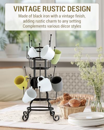 MyGift 24-Hook Rustic Black Iron Coffee Mug Holder, Tea Cup Display Stand, Drinking Glasses Baby Bottle Drying Rack Stand