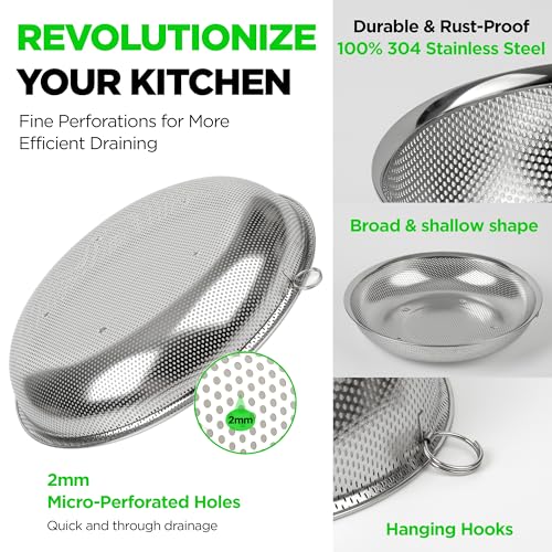 Shallow Stainless Steel Colander Set of 3 – Micro-Perforated Tray Strainers for Berries Vegetables Fruit, 18/8 304 Low Profile (2, 3, 4 Qt) Self-Draining Base, Dishwasher Safe, Made in Korea - size: 2+3+4QT Colander