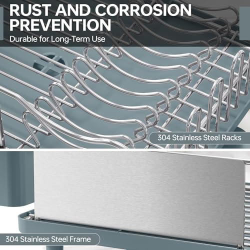 Stainless Steel Dish Drying Rack - Large Capcity 304 Grade Dish Drainer for Kitchen Counter with Drain Board, Utensil Holder & Detachable Cup Shelf, Rustproof Multifunctional Organizer, Pale Blue - color: Pale Blue