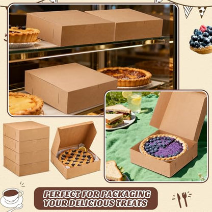 36 Pack Pie Pizza Boxes 9" x 9" x 3" Kraft Square Bakery Boxes for Cookies, Cheesecake, Chocolate Covered Strawberries, Dessert Brown Paper Cardboard Container for Treats - size: 9 x 9 x 3 inches