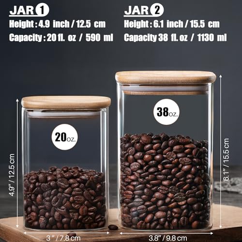6 Pack Glass Food Storage Jars with Airtight Lids, Clear Glass Jar with Bamboo Lid, Airtight Food Canister for Tea, Candy, Coffee, Sugar, Cookie, Snack. (Square| 5+6 Inch) SET of 3 - color: Square 6 Pack (38+20oz)x3