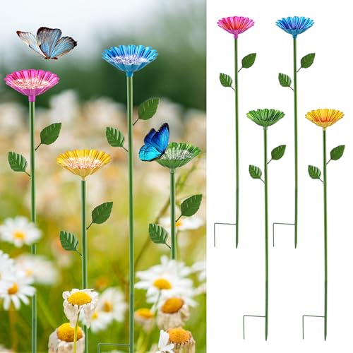 Bee Watering Station, 4 Pack, 24.8inch Metal Flower Butterfly Feeder | Ground Stakes, Colorful, Outdoor Garden Decor, For Yard Patio Lawn Balcony Pots