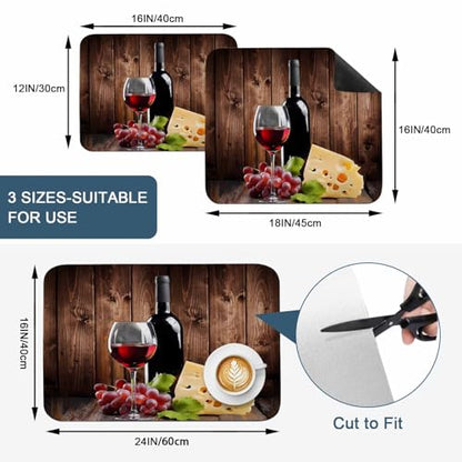 Wine Cheese Dish Drying Mat for Kitchen Counter, Drying Mats Super Absorbent Microfiber Kitchen Countertop Protector Dishes Pad 12"x16", Grapes Farmhouse Brown Wooden Plank - size: 16" x 12"