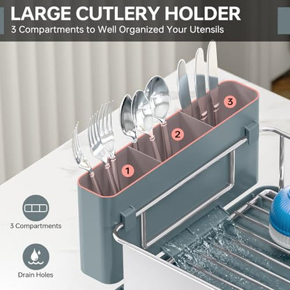 Stainless Steel Dish Drying Rack - Large Capcity 304 Grade Dish Drainer for Kitchen Counter with Drain Board, Utensil Holder & Detachable Cup Shelf, Rustproof Multifunctional Organizer, Pale Blue - color: Pale Blue