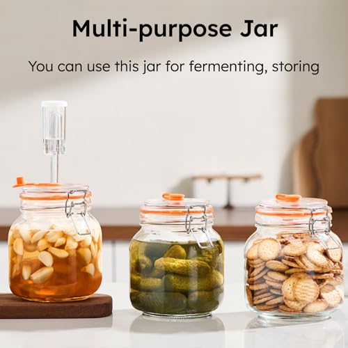 JILLMO 1 Liter Fermentation Jar, Square Glass Fermenting Kit for Making Sauerkraut, Hot Sauce, Mead, Cider and More, Pack of 2