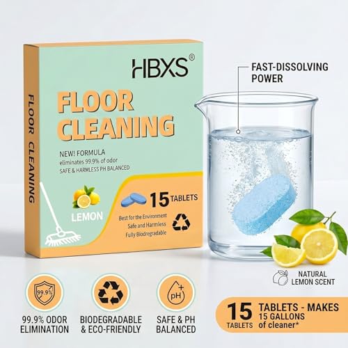 Floor Cleaning Tablets, Lemon Scent, 15 Count | Fast Dissolving Floor Cleaner | No Sticky Residue | Safe for Pets & Kids | For Tile, Vinyl, Laminate & Hardwood Floors