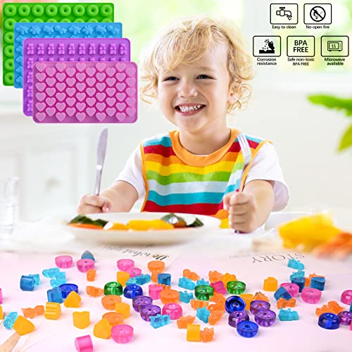 Sakolla Gummy Candy Molds Silicone with 2 Droppers Pack of 4 Mini Silicone Molds Including Dinosaur, Bear Shape, Hearts and Donut Gummie Chocolate Molds for Kids - color: 4 Different Style/4 Colors