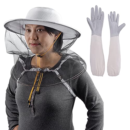2 In 1 Beekeeping Beekeeper Protection Gloves and Bee Veil Hat Mosquito Mesh Cap for Men Women - color: White Hat + XL Gloves