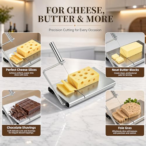 Cheese Slicer with 3 Wires for Block Cheese, Wire Cutter | Adjustable slices, quick-change stainless steel wire for cheddar, mozzarella, Swiss, butter, dishwasher-safe kitchen use