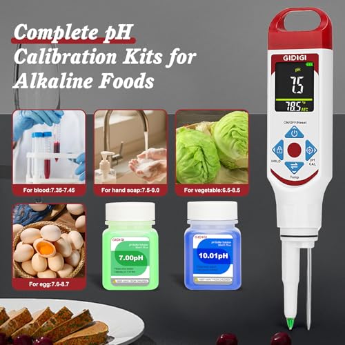 Food pH Meter with ATC, Spear Probe for Sourdough & Meat | Extended temperature electrode, color display, with calibration kit, for sourdough, kombucha, canning, sauce, cosmetic - color: Red Food pH Meter