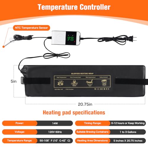 BLUBYEES Digital Kombucha Heating Wrap with Precise Temperature Control and Timer Function - Kombucha Starter Kit, the Ideal Fermentation Heating Pad for Kombucha and Sourdough