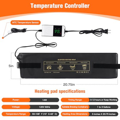 BLUBYEES Digital Kombucha Heating Wrap with Precise Temperature Control and Timer Function - Kombucha Starter Kit, the Ideal Fermentation Heating Pad for Kombucha and Sourdough