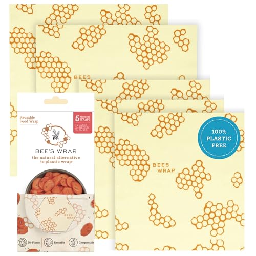 Bee's Wrap Beeswax Wraps for Food - Assorted 5 Pack of Beeswax Wraps - 2 Large & 3 Medium Wrap - Plastic Free Made in USA Reusable Natural Food Wrap - Honeycomb Print - style: 5 Pack (Honeycomb)
