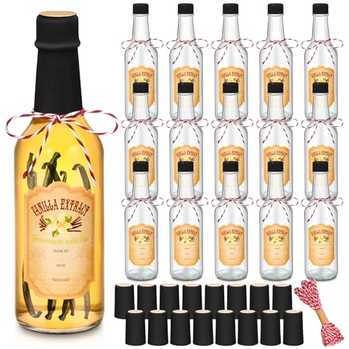 Tioncy 16 Pcs Empty Vanilla Extract Bottles for Homemade Vanilla Jar Glass Bottle with Cap, Shrink Band, Sticker DIY Crafts Wedding Gift Food Storage Canister for Bean(Black,8.5 oz) - color: Black, size: 8.5 oz