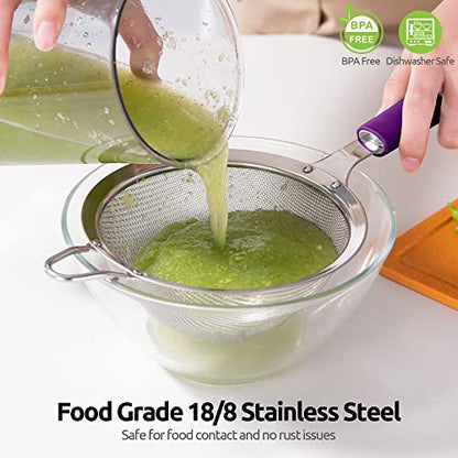 18/8 Stainless Steel Mesh Strainer: U-Taste 5.5 Inch Kitchen Fine Mesh Sieve Food Colander with Riveted Sturdy Silicone Handle and 30 Mesh Hole for Straining Flour, Pasta, Fruit, Quinoa (Purple) - color: (5) Purple, size: Medium (5.5 x 13 in)