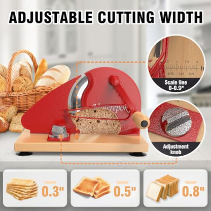 vanerepok Manual Bread Slicer Adjustable Thickness for Homemade Sourdough | Hand Crank Bread Cutter with Scale & Stable Suction Cups & Wood Base for Even Slicing Perfect Baking Gift for Home Bakers - color: Deep Red
