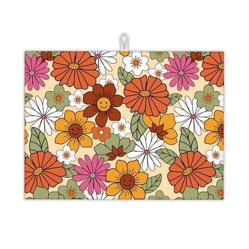 Retro 70s Groovy Flowers Dish Drying Mats 18x24 Inch,Daisy Boho Dish Pad Drying Rack Mat for Kitchen Counter Ultra Absorbent Microfiber Dishware Coffee Maker Bar Countertop Decor - color: Retro 70s Groovy Flowers Daisy Boho