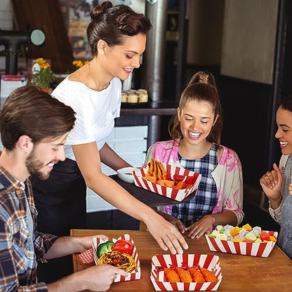 Yaomiao 100 Pcs Striped Paper Food Trays Carnival Paper Boats for Food Nacho Hot Dog Disposable Plates Disposable Serving Trays for Carnivals Fairs Festivals Picnics(Red) - color: Red