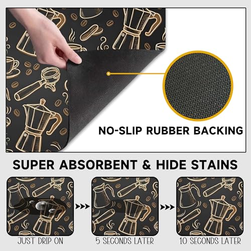 Black and Gold Coffee Tool Coffee Drying Mat 12" x 19", Absorbent Waterproof Coffee Station Mat, Protects Countertops from Spills Stains for Coffee Makers and Home Baristas - color: Black and Gold