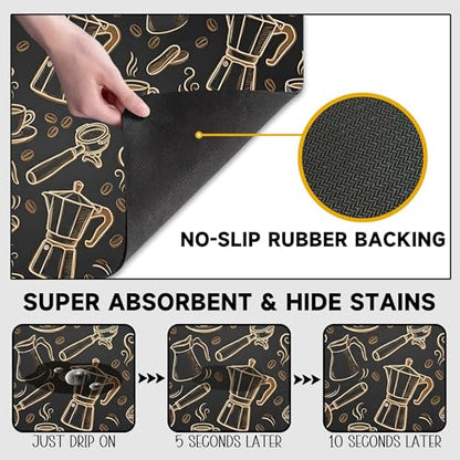 Black and Gold Coffee Tool Coffee Drying Mat 12" x 19", Absorbent Waterproof Coffee Station Mat, Protects Countertops from Spills Stains for Coffee Makers and Home Baristas - color: Black and Gold