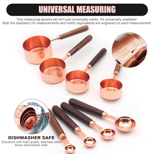 SHIKORI Gold Measuring Cups and Spoons Set with Wood Handles, Premium Stainless Steel Measuring Spoons and Measuring Cups Set, For Cooking and Baking in the Kitchen-Rose Gold-4Cups - color: Rose Gold-4Cups
