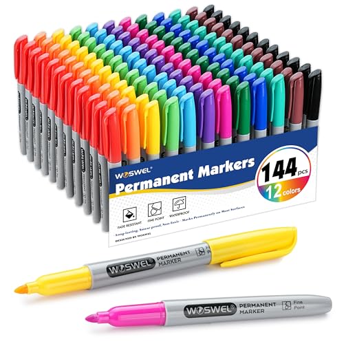 WOSWEL Permanent Markers Bulk, 144 Pack Permanent Marker Set, 12 Assorted Colors, Fine Point Tip, Fast Dry, Waterproof, work on Plastic, Glass, Metal, Wood and Stone, Perfect for School, Office, Home