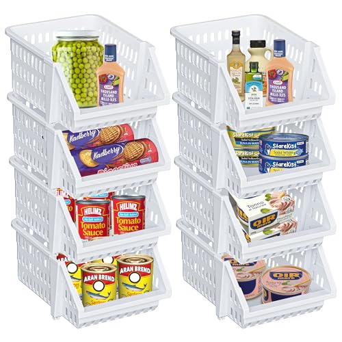 Small Stackable Storage Bins Open Front for Pantry Storage, 8 Pack - White | Sturdy Plastic, Easy Stacking, Open Front Access, Ventilated Sides, Vertical & Space Saving Pantry Organizers and Storage Bin - color: White, size: 8 Pack