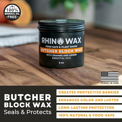Rhino Wax Butcher Block Conditioner Wax - Large Size (8oz) - Natural Blend of Oils & Waxes (NO Mineral Oil) - Conditions, Seals, Protects, Food Safe - Butcher-Block Countertops - Made in the USA - size: 8 Ounce