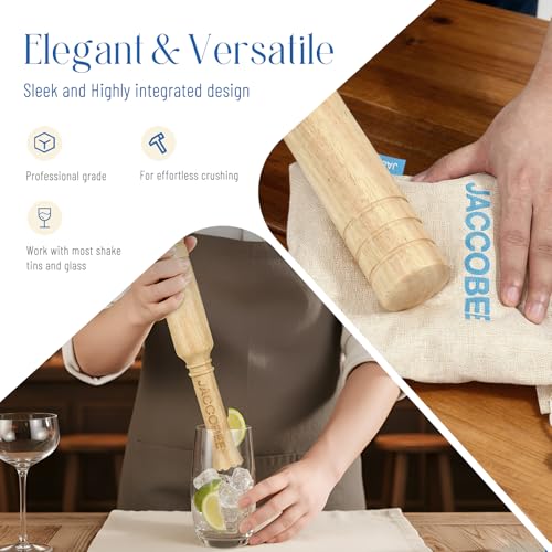 JACCOBEE 3-in-1 Kitchen&Bar Tool Set 12.6" Wooden Mallet, Muddler for Cocktails/Sauerkraut Pounder for Mason Jars/Ice Crusher(with 2Pcs Canvas Lewis Ice Bag)
