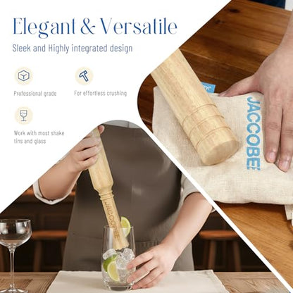 JACCOBEE 3-in-1 Kitchen&Bar Tool Set 12.6" Wooden Mallet, Muddler for Cocktails/Sauerkraut Pounder for Mason Jars/Ice Crusher(with 2Pcs Canvas Lewis Ice Bag)