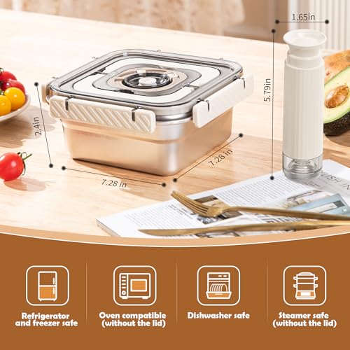 Stainless Steel Vacuum Food Storage Container with Handle- 1250ml/44oz, Large Capacity Leak-Proof Lunch Box with Hand Pump, Freezer & Dishwasher Safe - Portable for Work, Picnics