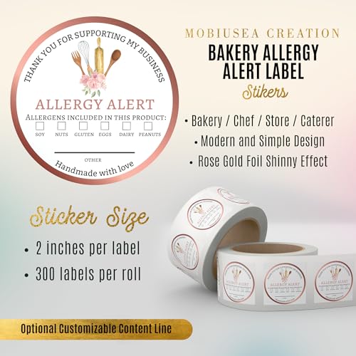 Mobiusea Creation Allergen Warning Stickers | 300 Round Food Allergy Stickers | 2" Waterproof & Writable Ingredient Label Adhesives with Selectable Allergen List for Bakery, Restaurant, Catering Use